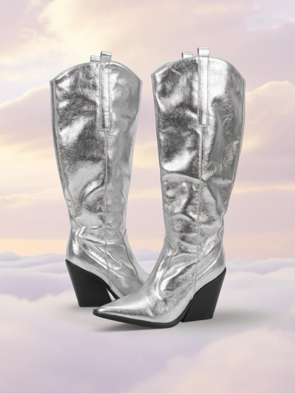 PrettyLittleThing Metallic Silver Over-The-Knee Pointed Toe Boots